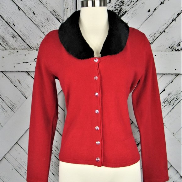 Carly St. Claire Sweaters - Red Cardigan w/Removeable Faux Fur Collar